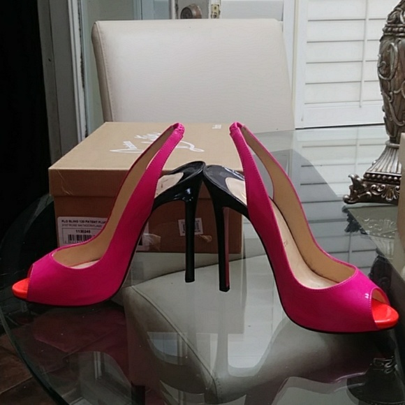 Louboutin Flo Sling patent neon peep toe slingback - Picture 2 of 6